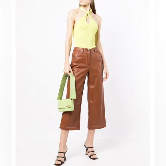 Staud NWOT Cropped Domino Vegan Leather Wide Leg Pant in Whiskey Size 0 - Picture 2 of 16